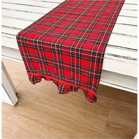 Preziosa Home Runner Natale in Tartan con Fril e Pizzo 40 x 120 Cm Rosso