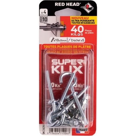Set bestehend aus 4 Wanddübeln (10 mm Durchmesser x 35 mm Länge) und einem Haken mit rotem Kopf (5 mm Durchmesser). RED HEAD