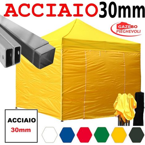 Gazebo 3x3 m giallo pieghevole portatile estendibile richiudibile estensibile acciaio con laterali per fiere eventi stand chiosco tenda tendone mercato mercatino (1/5)