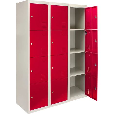 3 x Metal Storage Lockers - Four Doors, Red - Flatpack