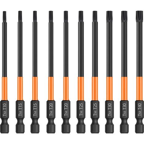 10pcs 100mm Jeu d'embouts de Tournevis Torx, Jeu de Tournevis Magnétiques Torx Longs, Embouts de Vissage en Acier S2 T10-T40 avec 1/4" Hexagonale Tige (1/5)