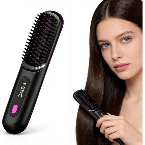 Lisseur de cheveux sans fil - recharge USB - chauffe rapide - affichage numérique - brosse peigne - pour tous types de cheveux (1/5)