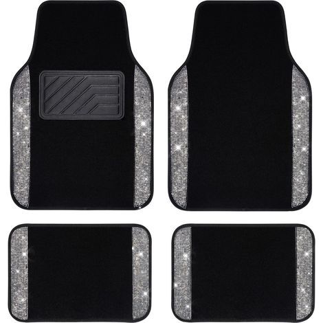 Tapis de sol de voiture avec strass brillants et diamants brillants avec talon antidérapant en PVC universel pour SUV, berline, voiture, camionnette, 4 pièces pour fille et femme (argenté noir) (1/5)