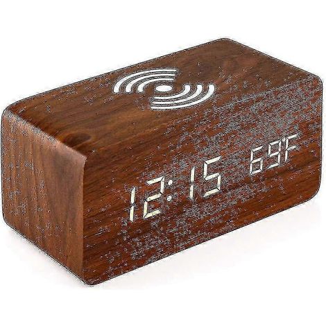 Réveil numérique en bois avec chargement sans fil, 3 alarmes, affichage LED, commande vocale et fonction snooze. Idéal pour la chambre et le bureau. Fabriqué en bois de palmier. (1/5)