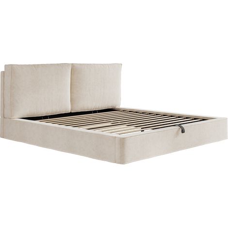 Cama canapé 180 x 200 cm de pana beige con cabecero, somier de lamas y elevación hidráulica (1/5)