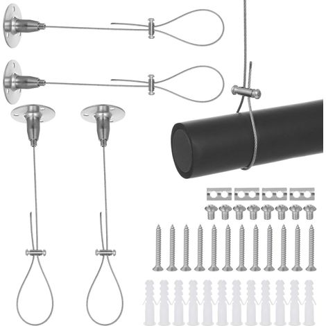 Kit de 4 supports de suspension en acier pour plafond, câble en acier réglable de 150 cm, supportant jusqu'à 10 kg avec base ronde, pour tringle de penderie, tringle de rideau de douche, éclairage DIY (1/5)
