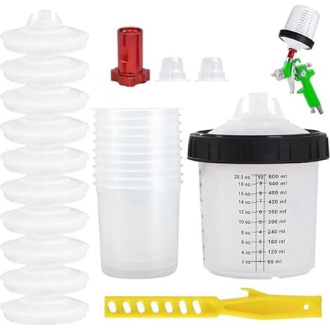 Kit de gobelets de mélange de peinture - 600 ml - Pistolet à peinture - Accessoires - Système de 10 tasses et couvercle - 2 bouchons (1/5)