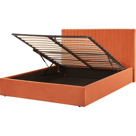 Cama con almacenaje de terciopelo naranja 160 x 200 cm cabecero capitoné Vion (1/5)