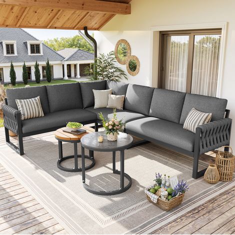 Salon de jardin modulable 5-6 places avec 2 tables, coussins déperlants gris FloraGrace (1/5)