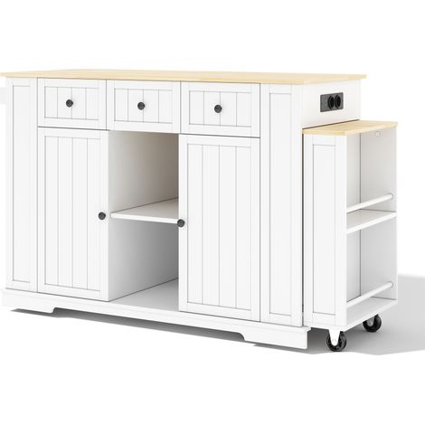 Desserte cuisine mobile extensible 138 cm blanc naturel 7 roues étagères réglables rangement table bar escamotable (1/5)