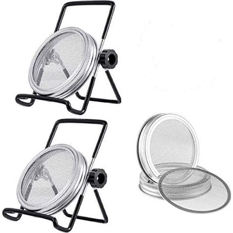 Kit de 6Pcs Couvercles Germination avec 4Pcs Couvercle à Germer Écran en Acier Inoxydable et 2Pcs Supports de Germination pour Graines à Germoir (Noir)