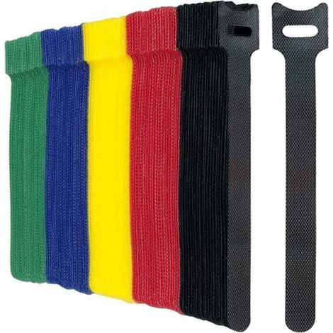 Packung mit 100 wiederverwendbaren, mehrfarbigen Klett-Kabelbindern zur Kabelorganisation. (1/4)