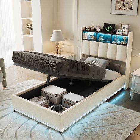 Comanlai - Lit coffre 90x200 cm, Lit simple avec Lumière LED, USB et Type-C, Lit capitonné avec rangement, Tête de lit avec rangement, Lit Adulte, Flanelle, Blanc (90x200 cm) (1/5)
