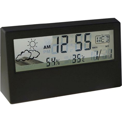 Originale Leuchtwetteruhr mit Thermometer und Hygrometer, transparente schwarze Version