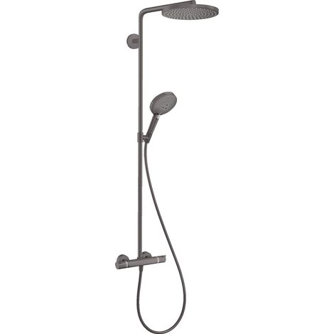 Colonne de douche max. 8 l/min avec mitigeur thermostatique, douche pluie (240mm), douchette, support, tuyau, barre et tête de douche, Noir chromé brossé, 28823340 (1/5)