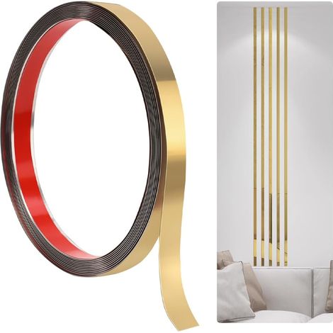 Metallische Zierleiste, 5 m, goldene Zierleiste aus Edelstahl, goldene Abschlussleiste, abziehen und ankleben, selbstklebende flexible Zierleiste, Wandleiste und Zierleiste für Wand und Decke, 1 cm