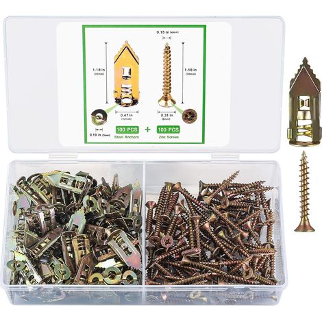 Vis à expansion auto-taraudeuses, Lot de 200 goujons auto-taraudeurs avec vis, Fixations murales pour plaques de plâtre pour TV, vélos, étagères et armoires (1/5)