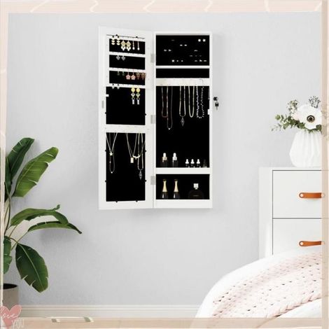 Armoire à bijoux murale avec miroir - VINGVO - 353211 - Blanc - 30x8,5x90 cm - Porte verrouillable (1/5)