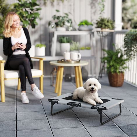 Lit surélevé pliable pour chien, chaise longue d'extérieur pour chien avec design en maille, tissu Oxford gris clair, 75 x 51 x 18 cm