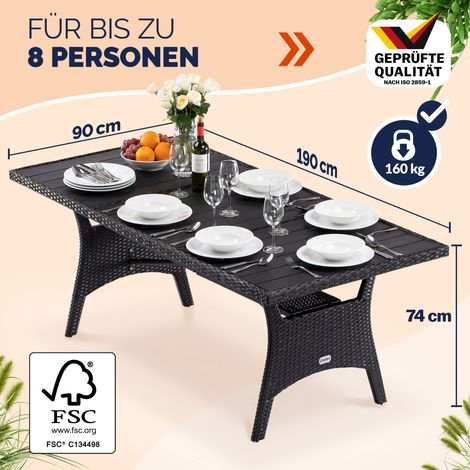 CASARIA® Polyrattan Gartentisch 190x90x75cm mit Ablage WPC-Tischplatte Höhenverstellbar Holzoptik Wetterfest Garten Terrasse Esstisch Gartenmöbel schwarz