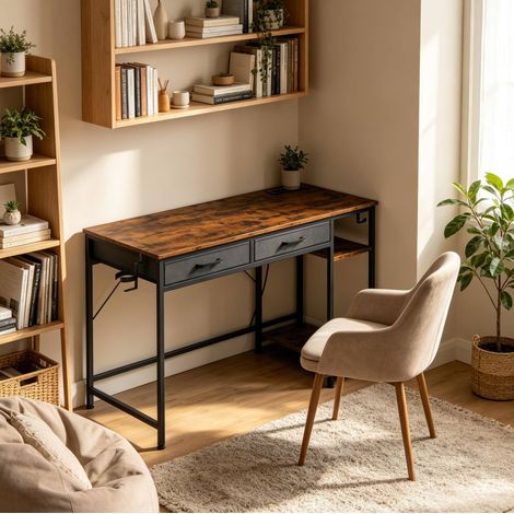 Bureau 120x51x75 cm avec rangements, bois/métal HAVRYA (1/5)