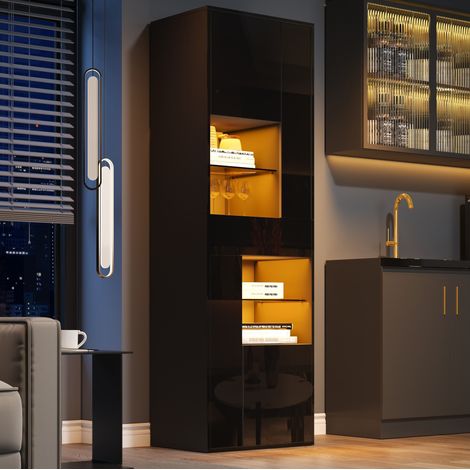 Vitrina 55x38x170 cm negra en tablero de partículas y vidrio con LED, 1 cajón, 4 puertas y almacenamiento modular (1/5)