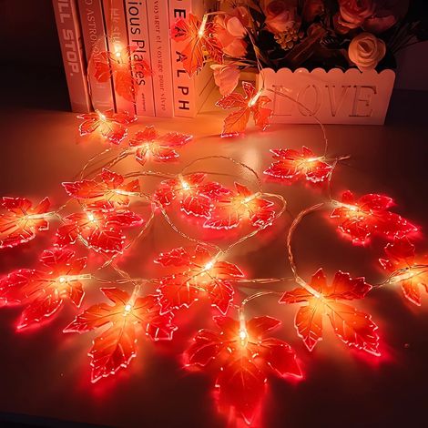 Guirlande Lumineuse Feuille D'érable - 10 Led - Boîtier Piles Intégré - Pour Intérieur Extérieur - Décoration Fêtes Automne Noël Halloween (1/5)