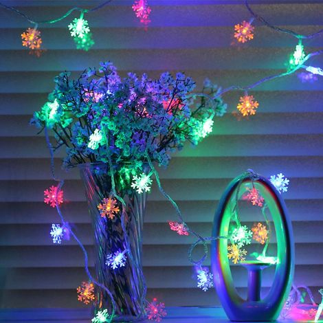 Décorations de Noël et de mariage, guirlande lumineuse étoiles et flocons de neige, 20 LED, boîtier à piles (1,5 m, 10 LED, piles colorées).