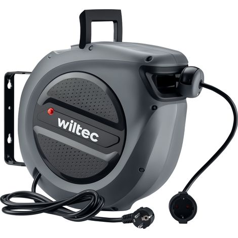 Wiltec – Enrouleur électrique 20 m avec câble de connexion 2 m – Protection IP20 – Support mural pivotant 180° – Coupe-circuit thermique