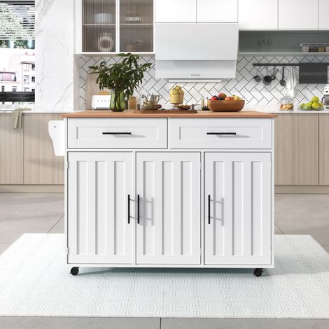 Chariot de service/vaisselier 129x46(71)x91,5 cm, plateau à veinage bois massif + meuble blanc, plateau rabattable, porte de rangement, roulettes, pieds en bois massif interchangeables, adapté à la ma (1/5)