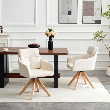 DESMIU Chaise de Salle à Manger Lot de 2 Pivotante 360° avec Dossier Haut et Accoudoirs en Tissu Blanc et Bois (1/5)