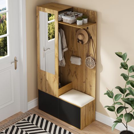 Appendiabiti indipendente con mensola e specchio, mobiletto d'ingresso 2 in 1 con scarpiera e 5 ganci, MDF, naturale+nero