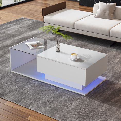 DESMIU Table basse rectangulaire LED avec 1 tiroir et rangement, style moderne, pour salon, blanc, 100 × 50 × 32 cm (1/5)