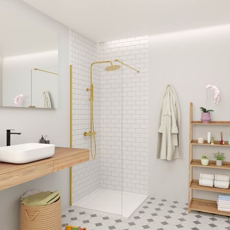 Swiss Aqua Technologies Mampara Walk-in 70x200cm 8 mm antical Crystal Glass®, con brazos y perfiles dorados (SATBWI70PRZ)