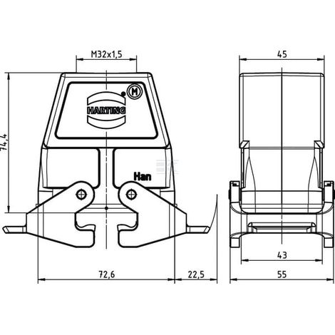 HARTING Han 10B Kupplungsgehäuse hoch, 1xM32 gerader Kabelabgang, mit 2 Querbügeln Verschraubung M32 Klemmbereich 11,0mm - 21,0mm - 1 Stück