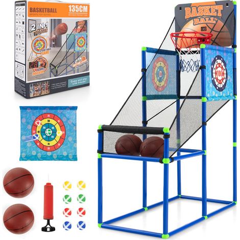 Panier de Basketball 2 en 1 avec 2 Cibles en Tissu à Balles Adhésive Jeu d'Arcade Système de Pointage et Effet Sonore 2 Ballons de Basket pour 3 ans+ (1/2)