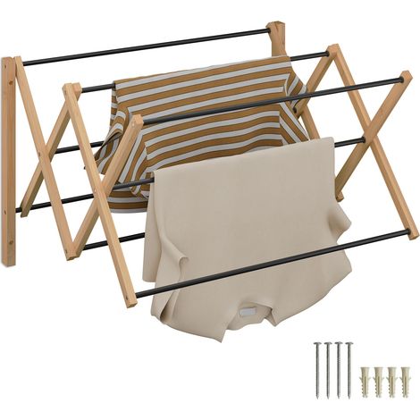 Relaxdays extendable wall-mounted clothes dryer, HxWxD: 45 x 71.5 x 59 cm, bamboo & metal, natural/black