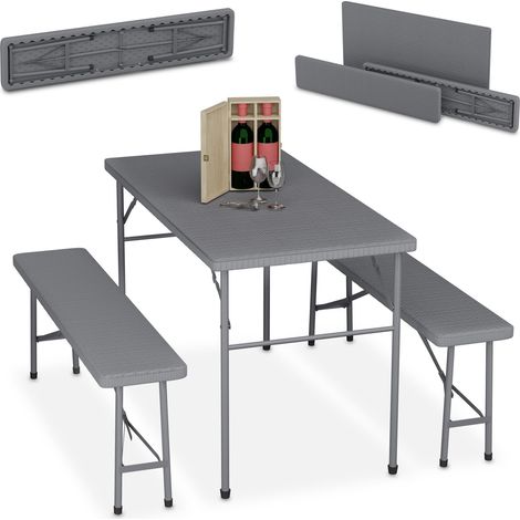 Relaxdays Folding Garden Furniture Set of 3, Garden Table & Two Benches, Parties, Camping, HWD: 73 x 120 x 61 cm, Grey (1/5)