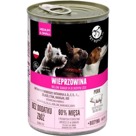 Alimento húmedo enlatado para perros adultos PetRepublic, de cerdo, sin cereales, 400 g. (1/5)