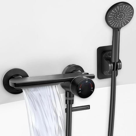 Robinet de baignoire avec douchette, robinet cascade, Robinet de baignoire cascade avec douche, tuyau en PVC de 1,5 m et support mural, mitigeur en laiton avec 5 fonctions, Noir robinet de baignoire (1/5)