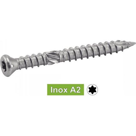 Acton – Vis terrasse inox A2 tête fraisée réduite double filet 5x70mm – Seau de 300 unités – Fixation pour bois dur et platelage extérieur (1/10)