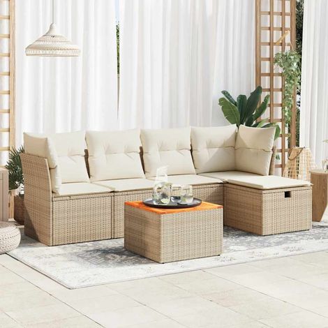 6-tlg. Garten-Sofagarnitur mit Kissen Beige Poly Rattan (1/5)