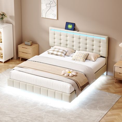 Lit double rembourré 160 x 200 cm avec tête de lit réglable en hauteur, cadre de lit LED full, cadre de lit flottant, Tête de lit avec port USB, lin, lit pour adultes et adolescents, beige (1/5)
