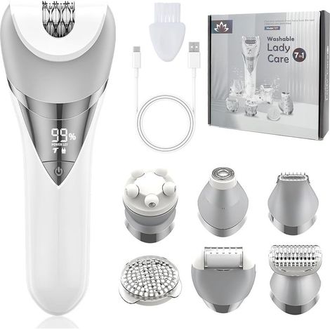 Épilateur Électrique Femme, 7 en 1 Rasoir Électrique Femme sans Fil avec 2 Vitesses, Affichage LED Rechargeable Épilateur Humide et Sèche pour Visage, Jambes, Bras, Aisselles, Bikini