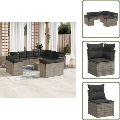 13-tlg. Garten-Sofagarnitur mit Kissen Grau Poly Rattan - Gartenmöbel Set - Outdoor Möbel - Rattan Sofa - Lounge Set - Esstisch (1/5)