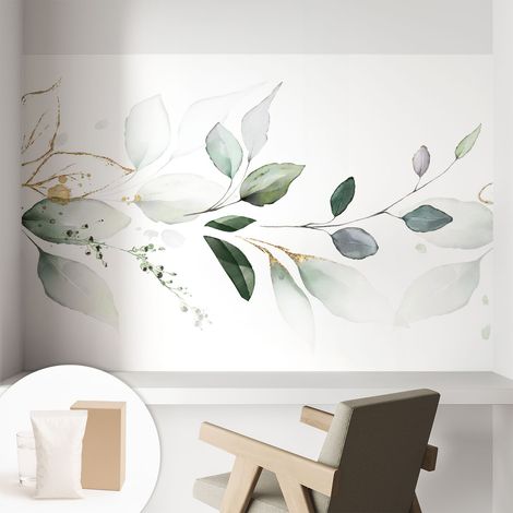 Papier peint intissé avec imprimé pour décoration intérieure pour rénovation a motif - Colle incluse gratuite Feuilles vertes 104x70 cm (1/5)