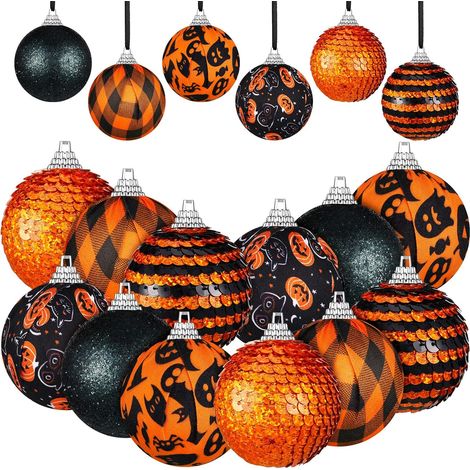 12 décorations d'Halloween pour sapin, boules fantômes noires et orange à paillettes, idéales pour décorer un sapin de Noël (1/5)