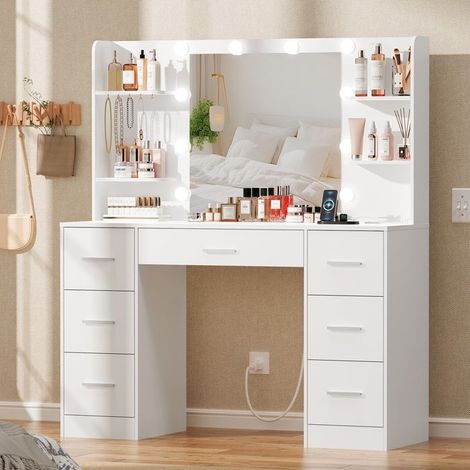 Friseuse - Mit Spiegel und Ladestation - Großer Spiegel - 3-farbiges LED-Licht - 7 Schubladen (1/5)