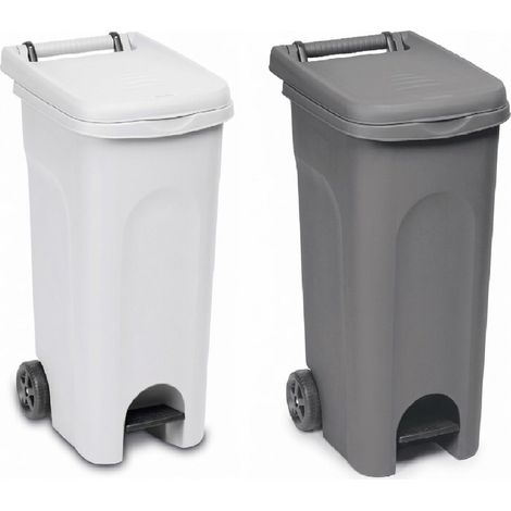 2 Bidoni 80 Litri grigio e bianco Carrello con Ruote Pedale e coperchio Raccolta spazzatura Differenziata da Esterno e Interno Anello Ferma Sacco Contenitore Secchio Rifiuti domestico e professionale (1/5)