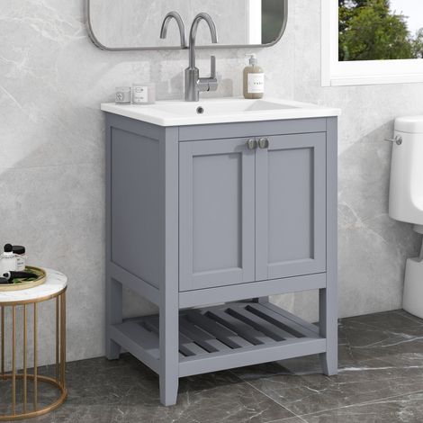 Meuble sous-vasque avec lavabo céramique, meuble salle de bain au sol gris et blanc, rangement pratique, facile à monter – CHICFURN (1/5)
